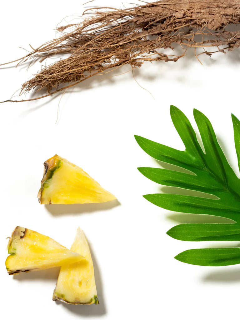 pineapple, palm leaves, and coconut shreds on a white background