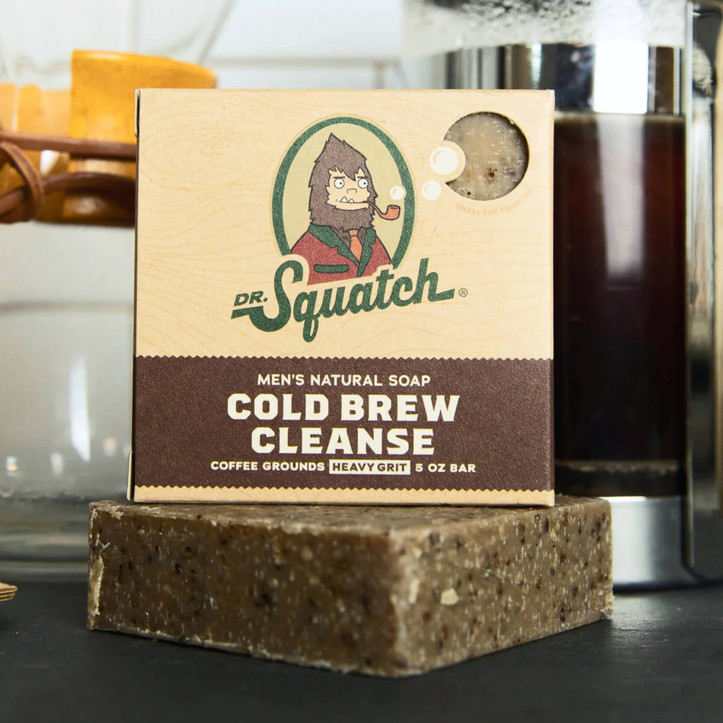 dr squatch cold brew cleanse in front of cold brew coffee