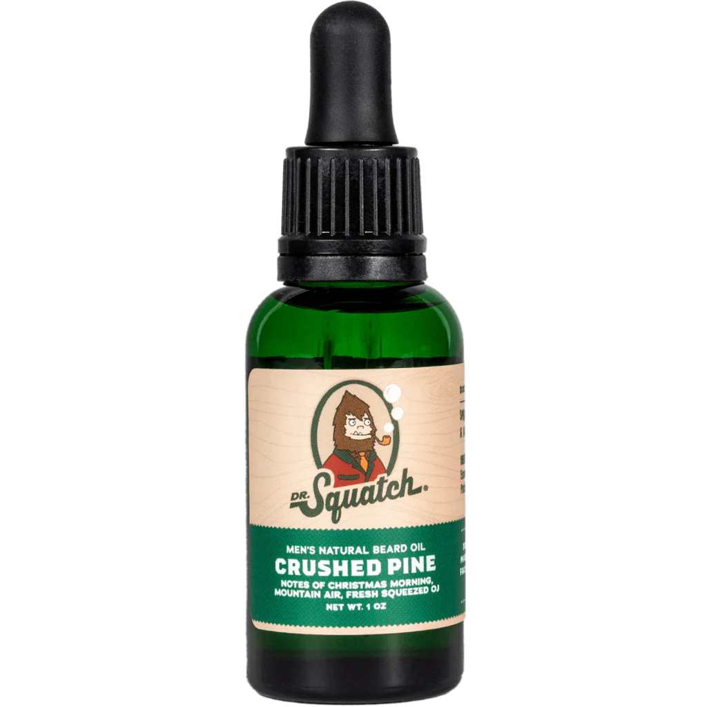 dr. squatch crushed pine beard oil on a white background