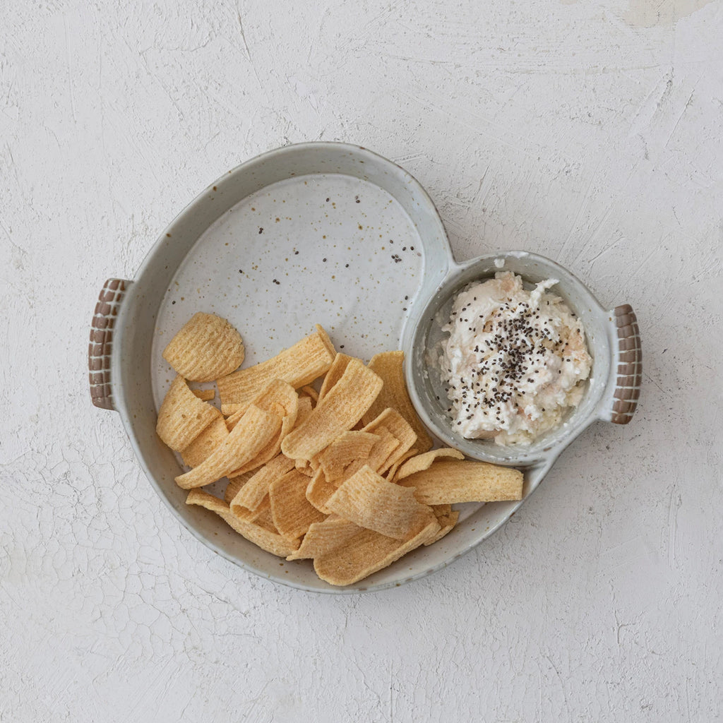 stoneware chip and dip bowl on a white background
