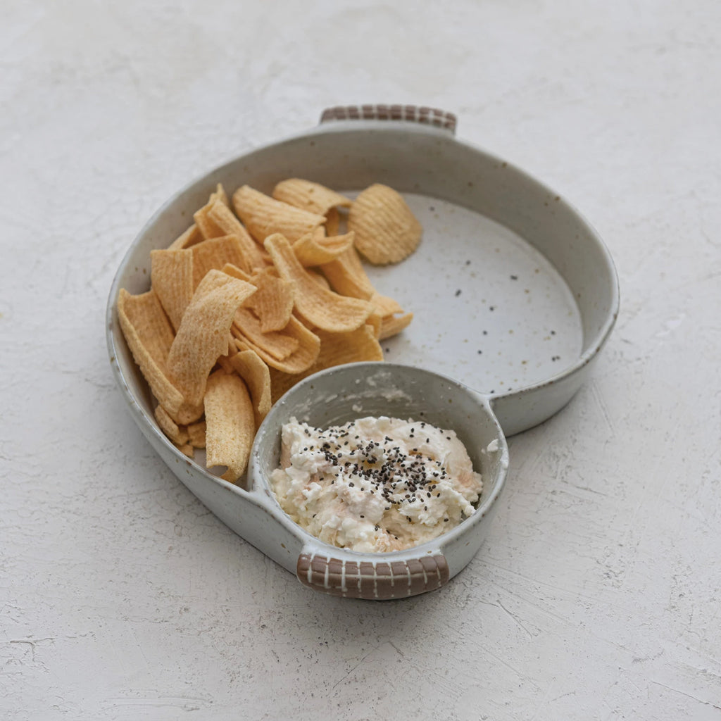 stoneware chip and dip bowl on a white background