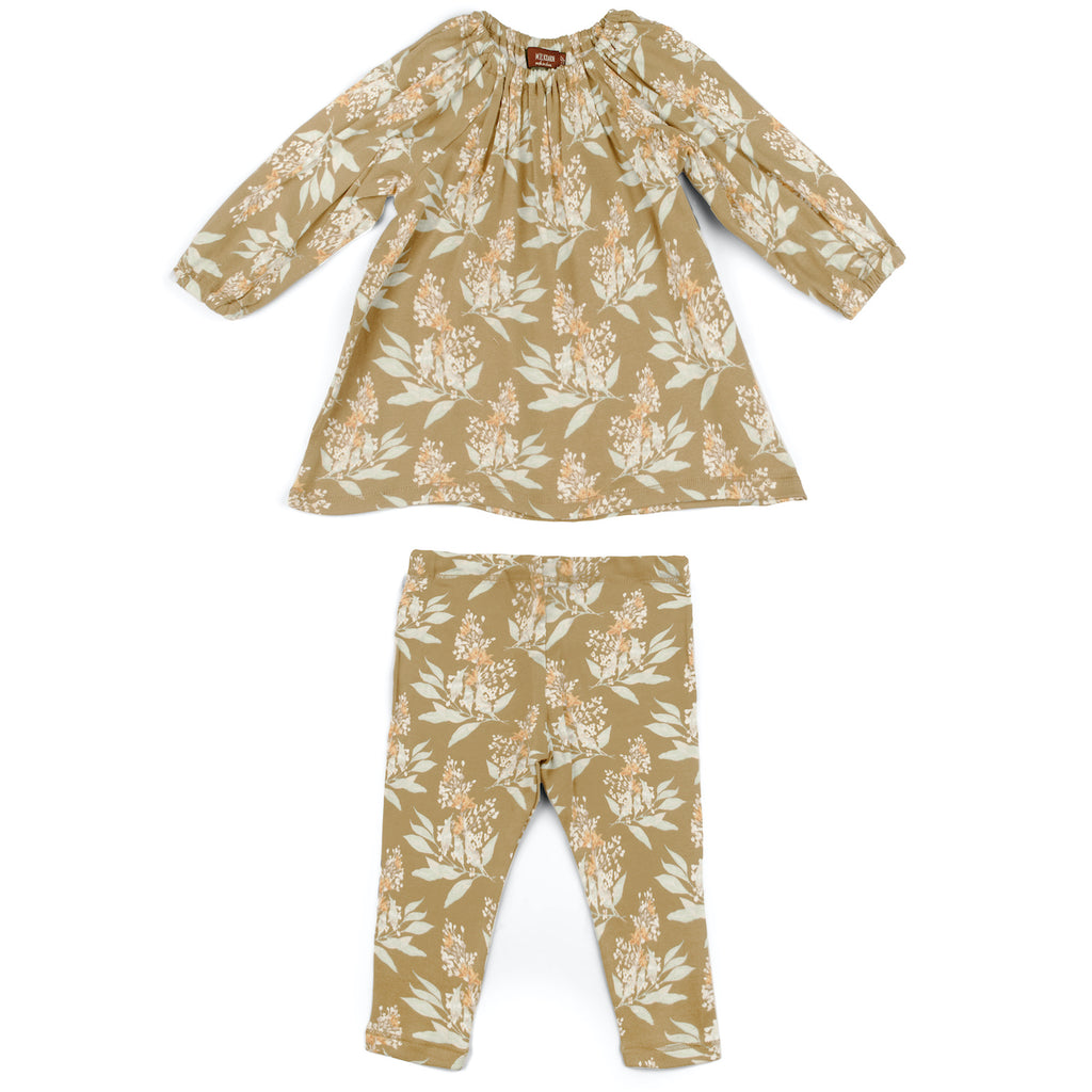 burts bees baby gold floral dress and legging set on a white background