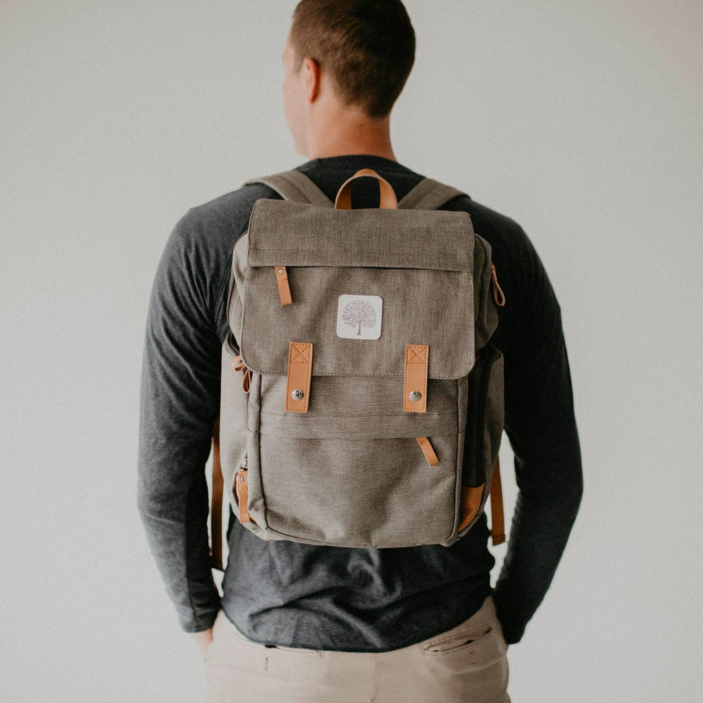 gray diaper bag on a white background