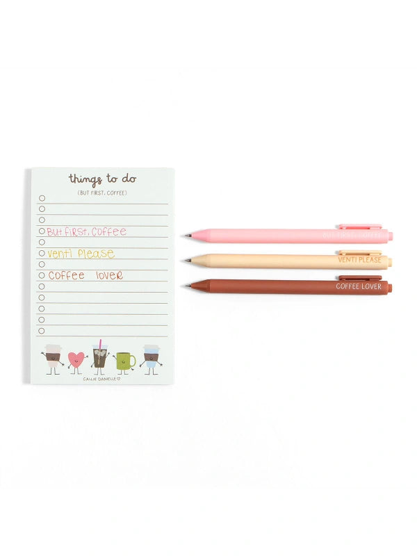 Notepad with 'things to do' list and three pens on a white background