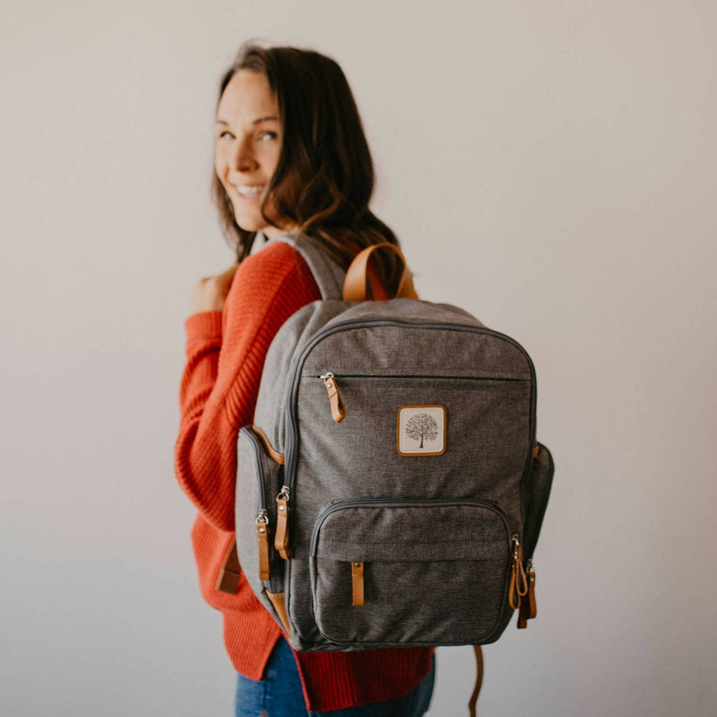 gray diaper bag on a white background