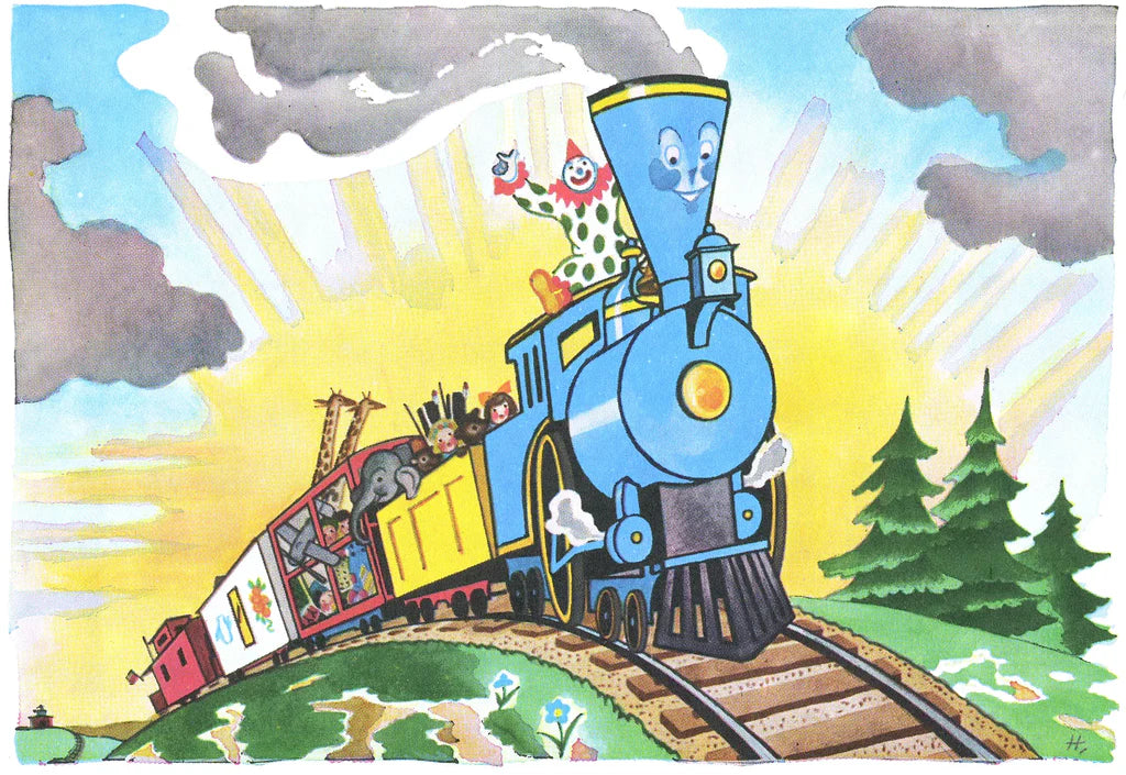 Colorful illustration of a cartoon train with a smiling engine and colorful cars on a sunny day.