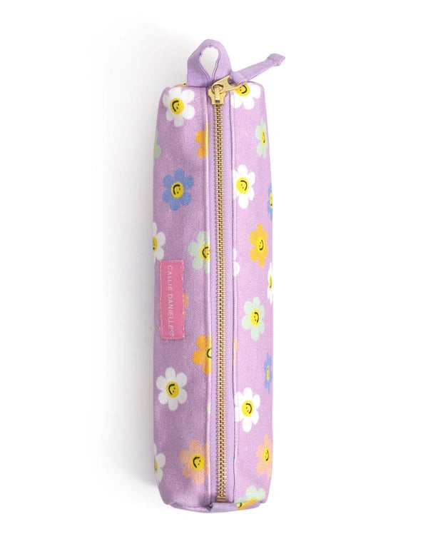 Purple pencil case with floral pattern on a white background