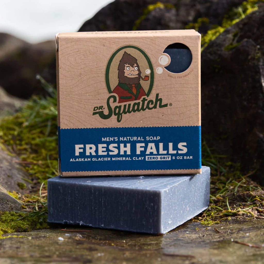 dr squatch fresh falls soap on a  mossy rocks