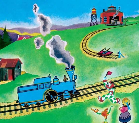 Colorful illustration of a blue train on tracks with a green landscape and buildings in the background.