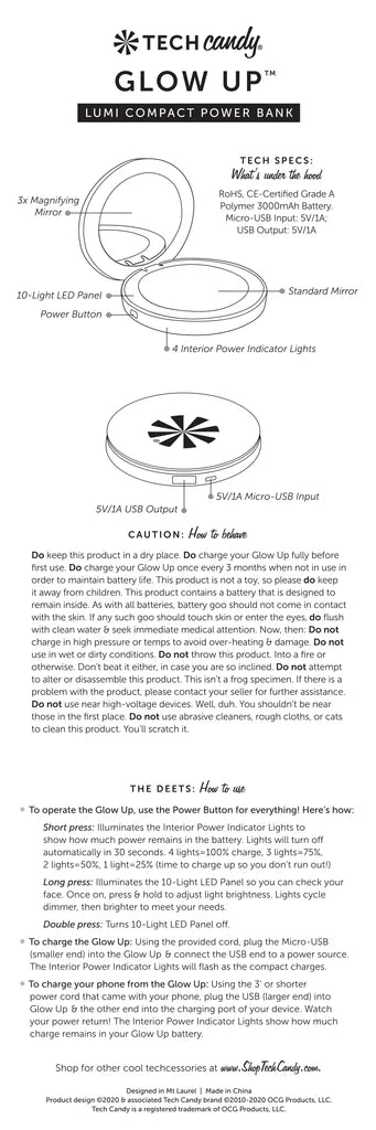 Instruction manual for a Tech Candy Glow Up Lumi Compact Power Bank with diagrams and text.