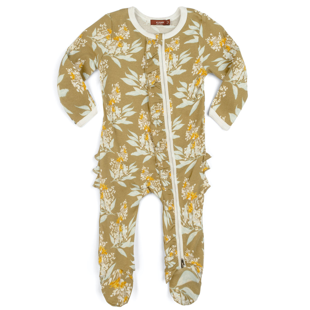 burts bee baby gold floral ruffle zipper footed romper on a white background