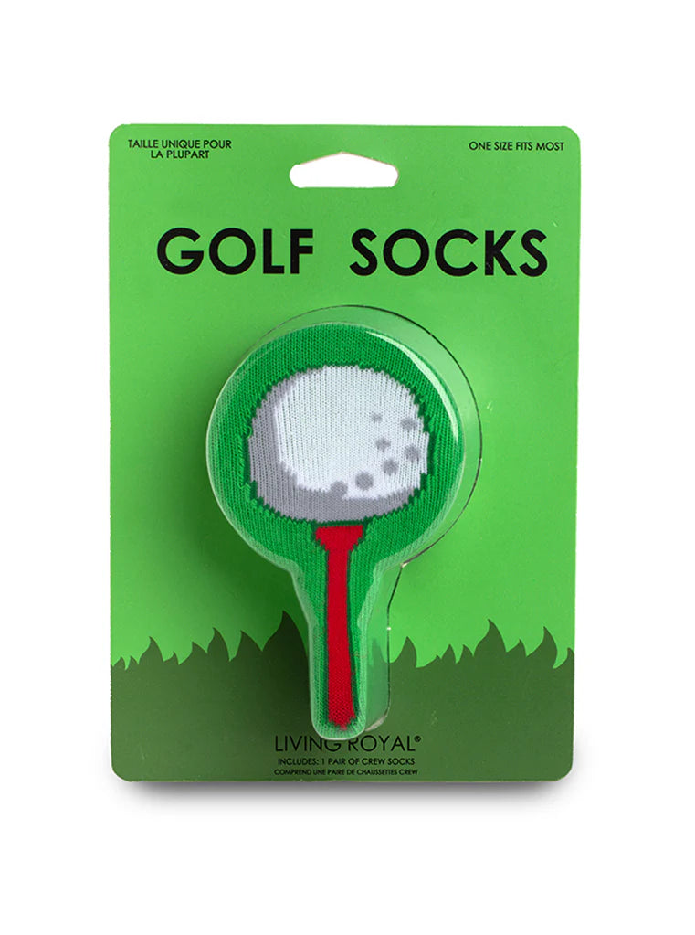 Packaged golf socks with a golf club and ball design on a green background