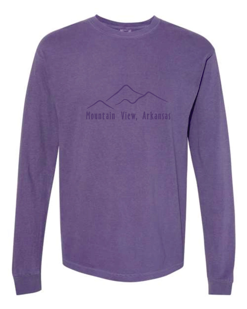 mountain scene embroidery long sleeve tee on a white background