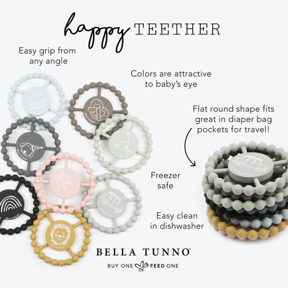Bella tunno happy teether on a white background with product facts around it 