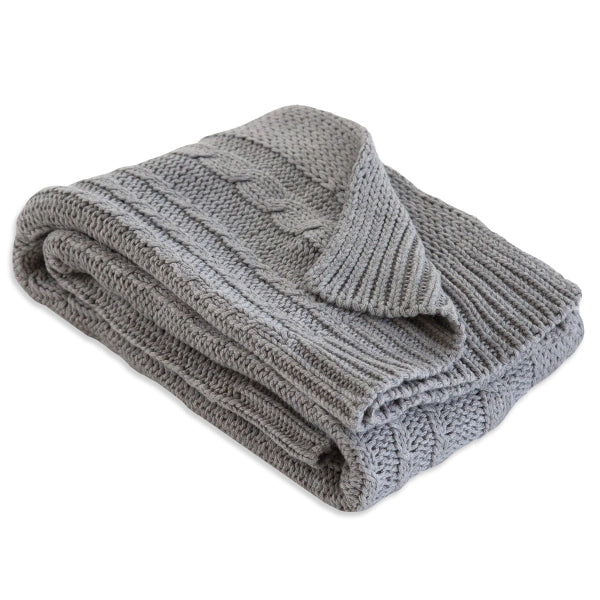 burts bee baby gray cable knit blanket on a white background