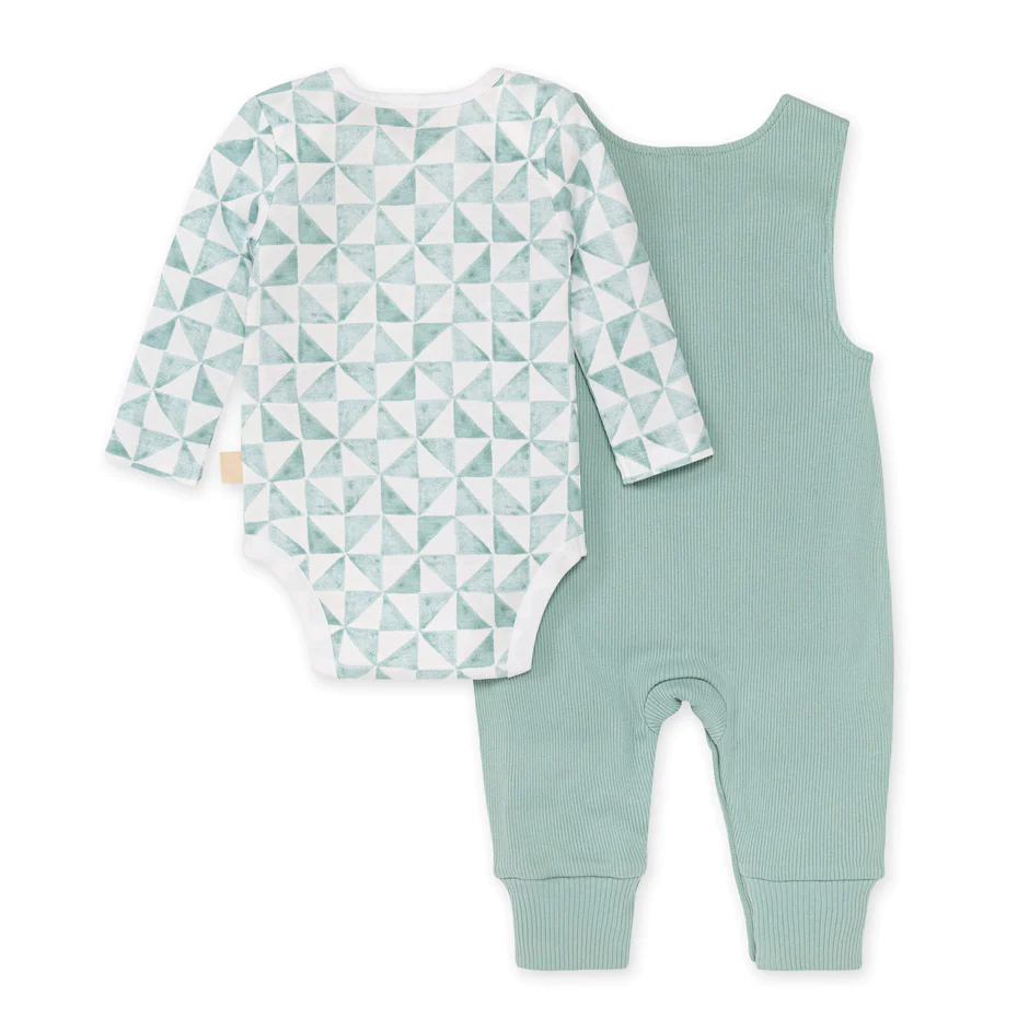 burts bee ribbed jumpsuit and tri check bodysuit set in seafoam blue on a white background