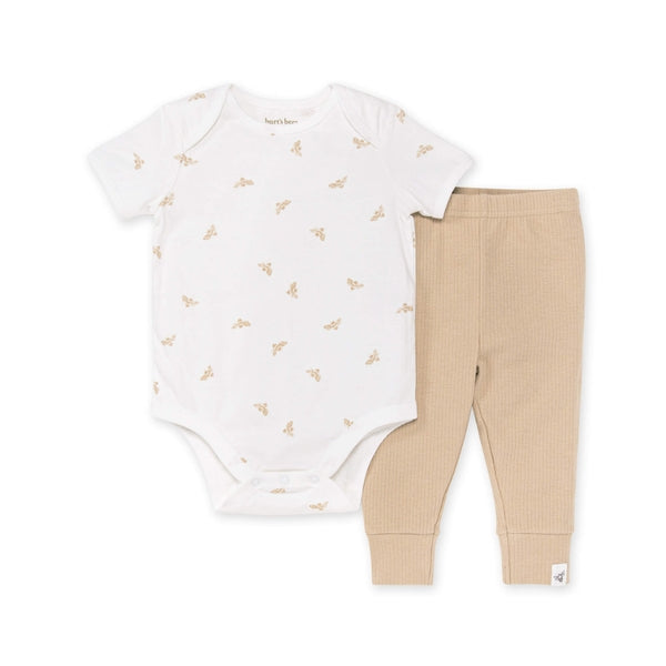 burts bee baby golden bee bodysuit & ribbed pant set on a white background