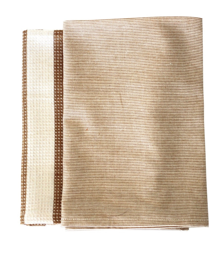 two yellow stripped tea towels on a white background