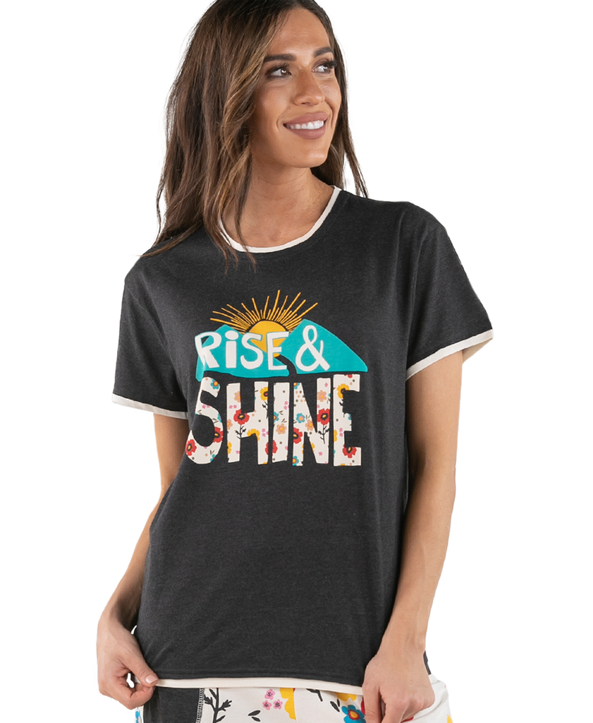 rise and shine floral pj tee on a white background