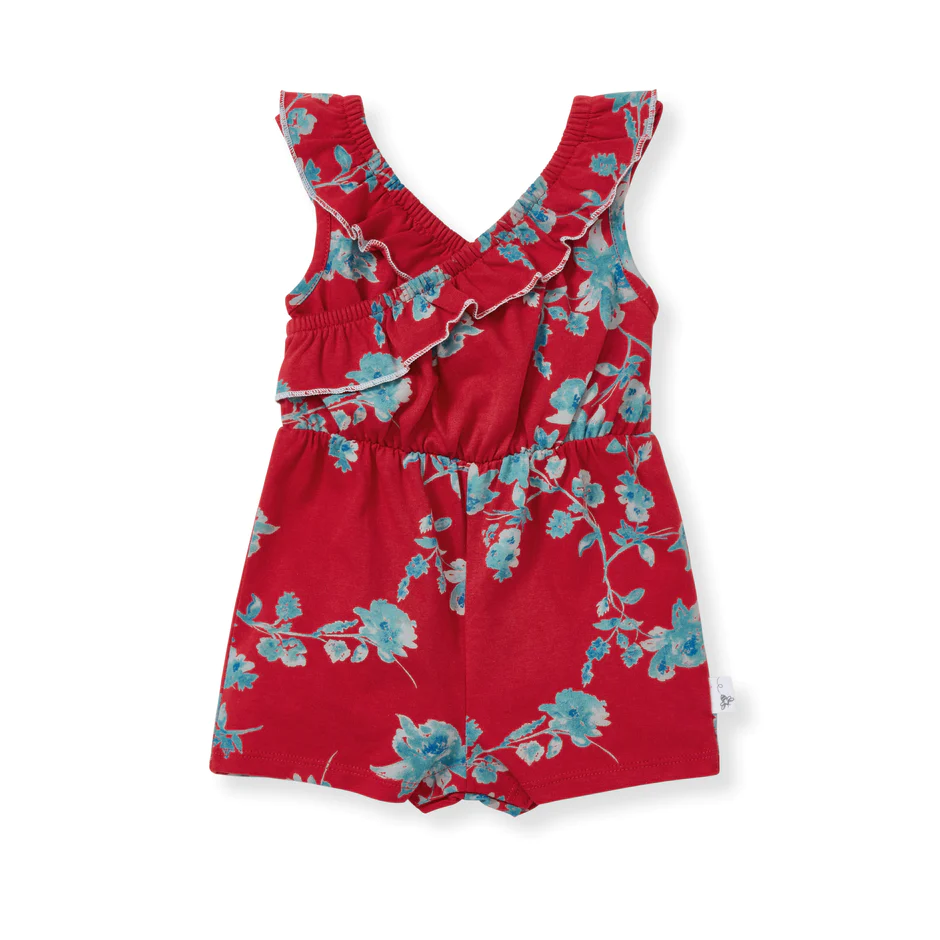 burts bee july floral romper on a white background