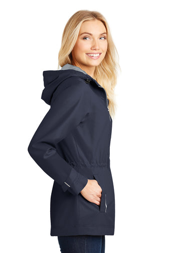 rain jacket being modeled on a white background