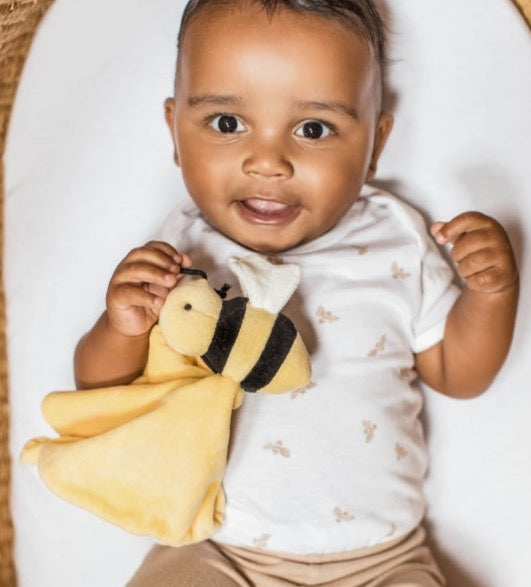 burts bee baby golden bee bodysuit & ribbed pant set on a white background