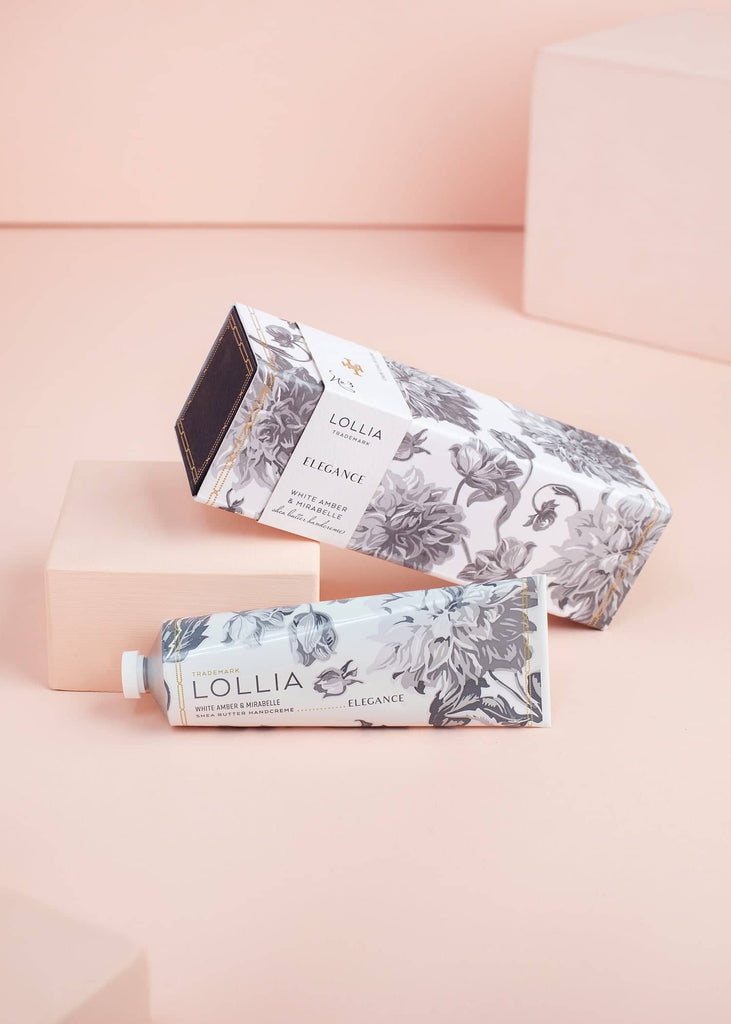lollia elegance hand cream on a pink background