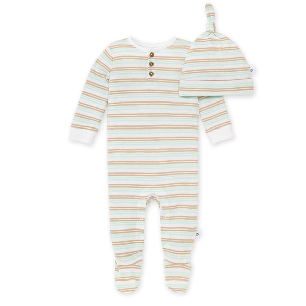 burts bee baby coastal stripe jumpsuit & knot top hat set in soft mocha on a white background
