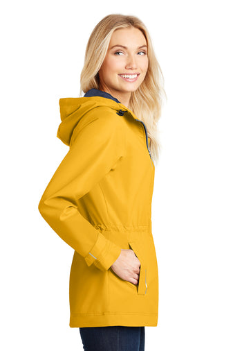 rain jacket being modeled on a white background