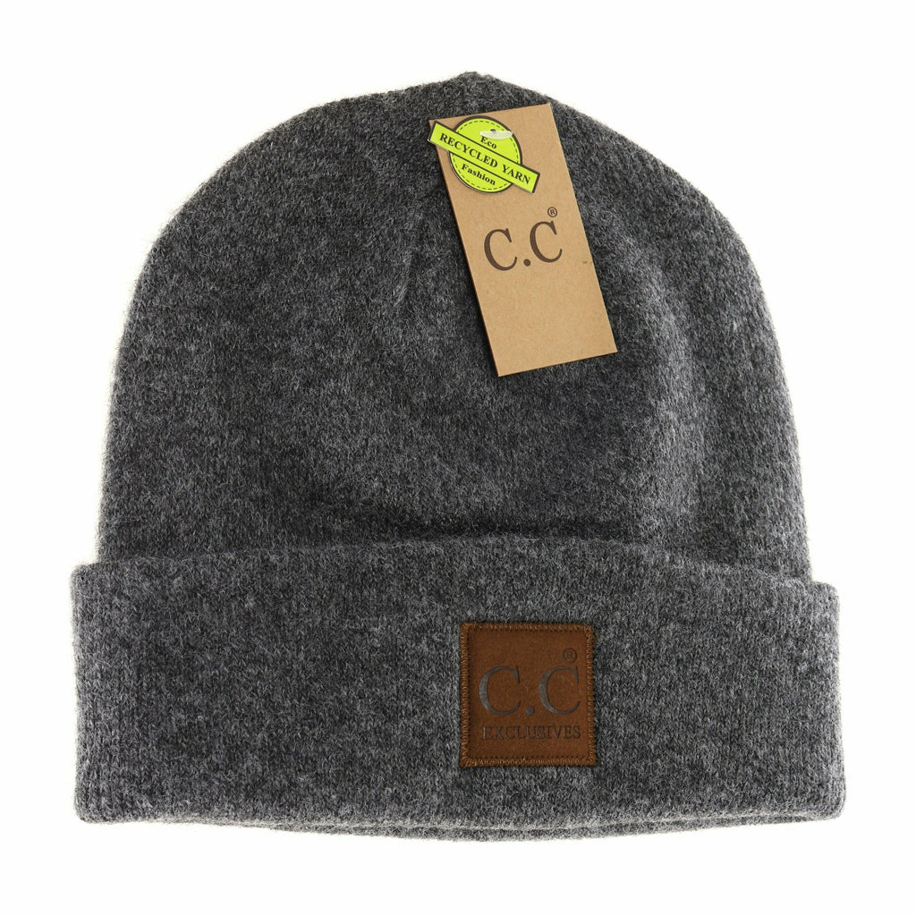 soft ribbed leather patch cc beanie on a white background
