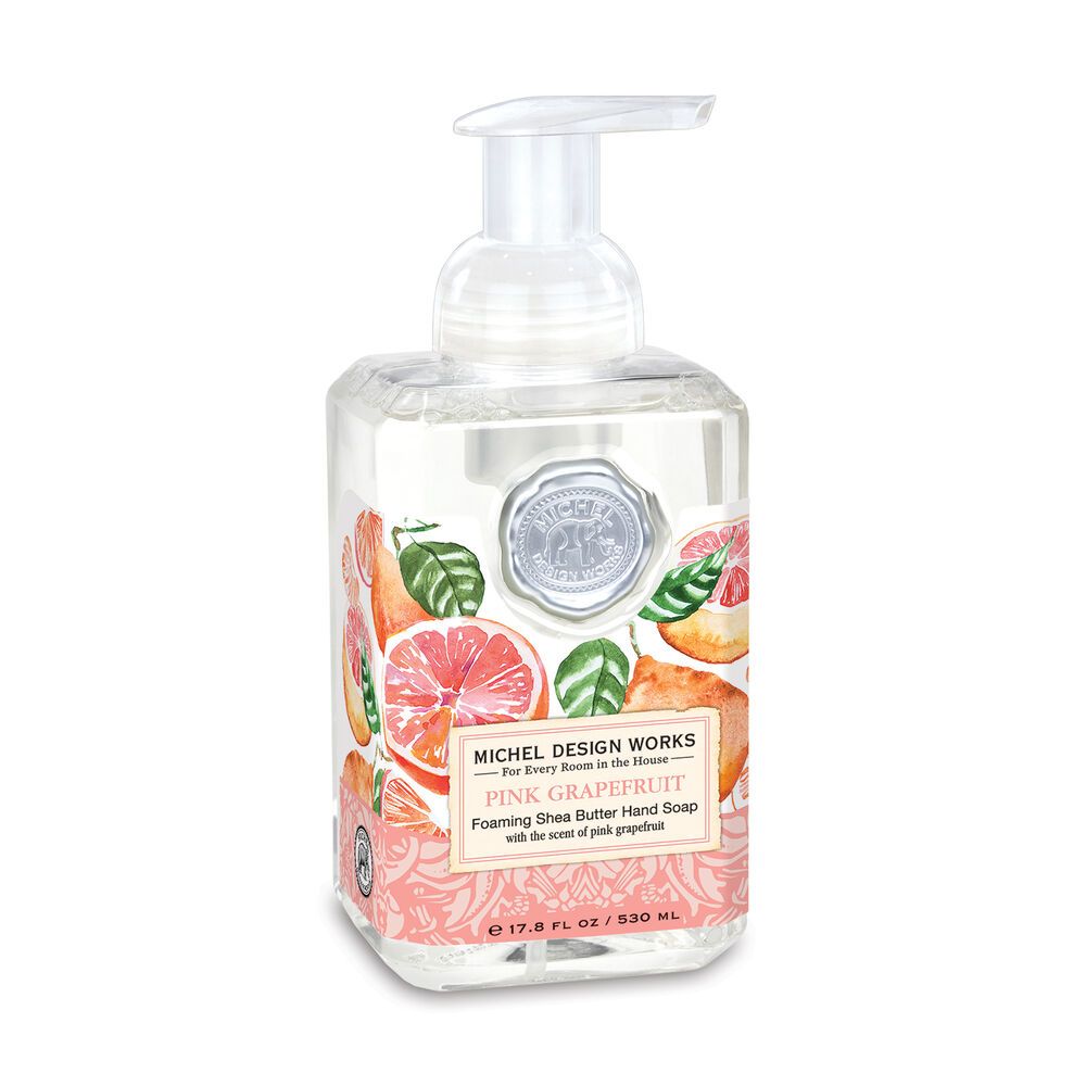 pink grapefruit foaming hand soap on a white background
