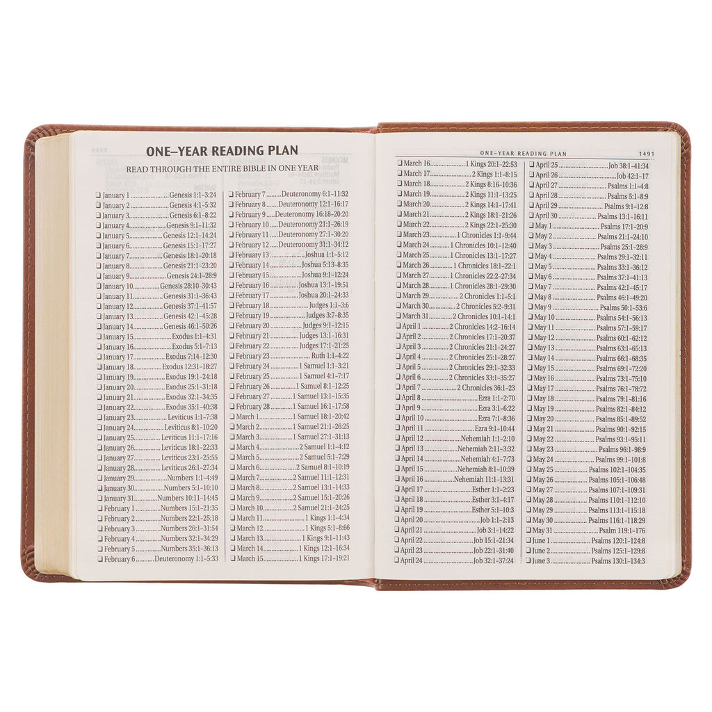 KJV Saddle Tan Embossed Compact Bible on a white background