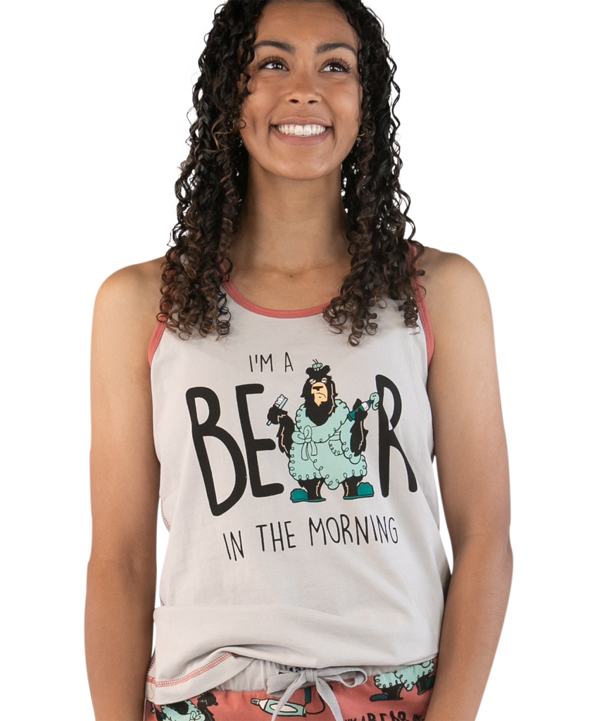 bear in the AM grey PJ Tank on a white background
