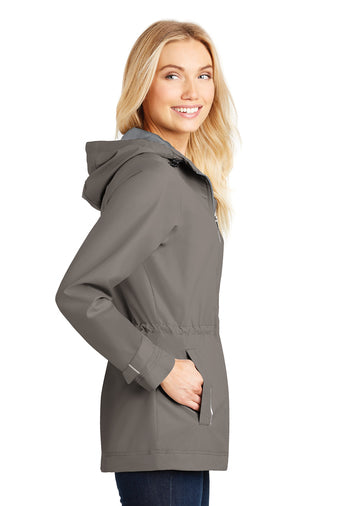 rain jacket being modeled on a white background