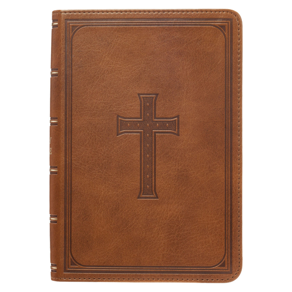 KJV Saddle Tan Embossed Compact Bible on a white background