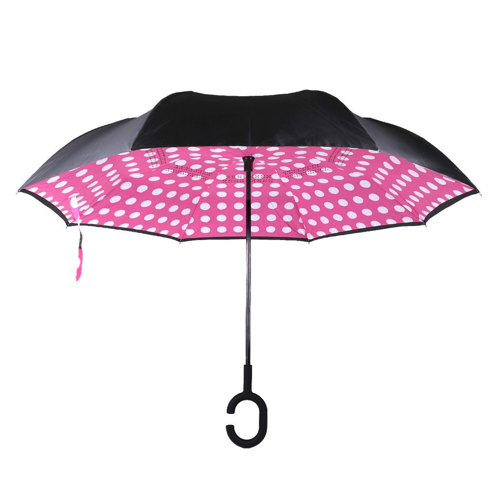 pink big polka dot double layer inverted umbrella on a white background