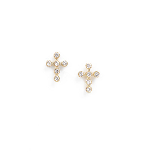 gold crystal cross earring on a white background