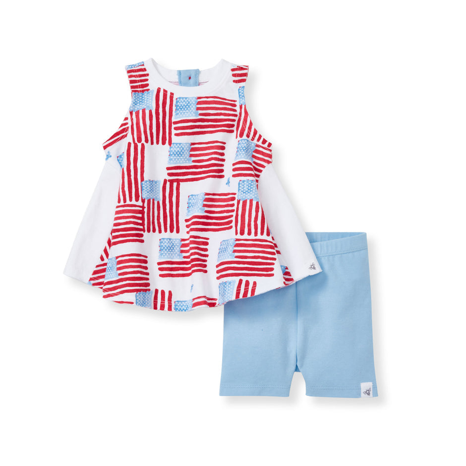 burts bee grand ol flag tunic and bike short set on a white background