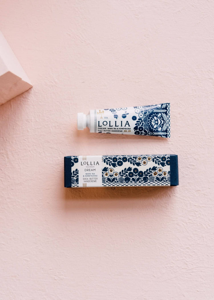 lollia dream hand cream on a pink background