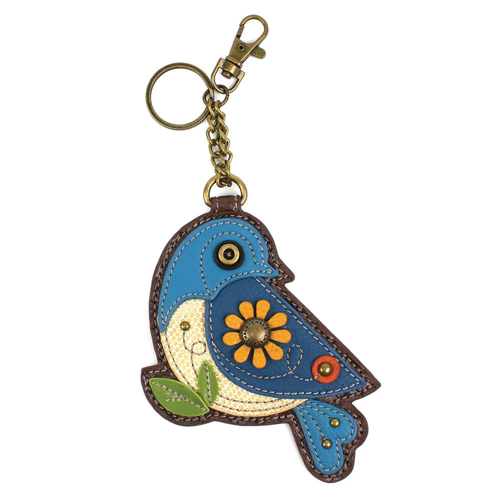 chala blue bird key fob and coin purse on a white background
