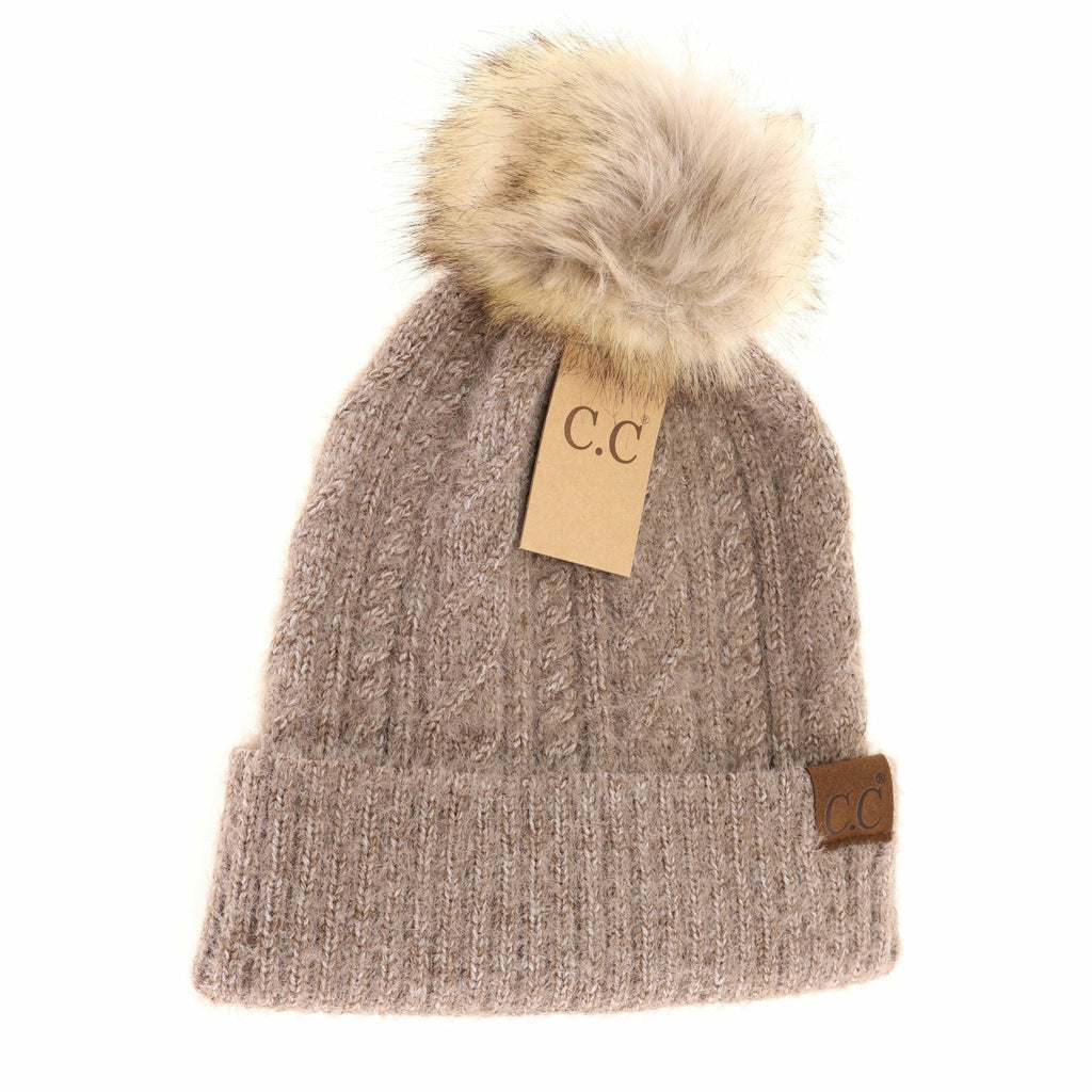 soft cuff cable knit fur pom cc beanie on a white background