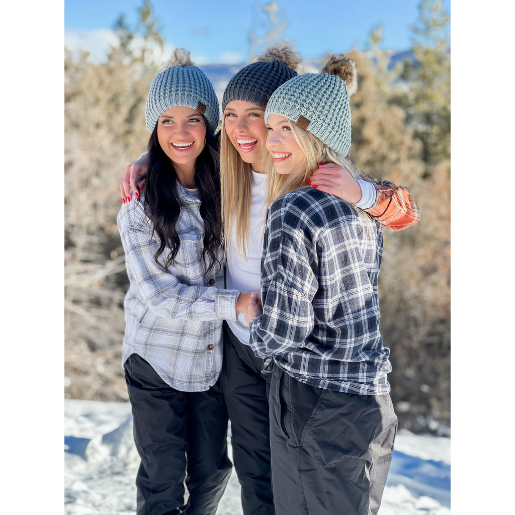 girls solid waffle stitch fur pom cc beanies in the woods