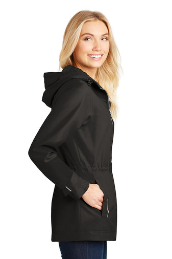 rain jacket being modeled on a white background