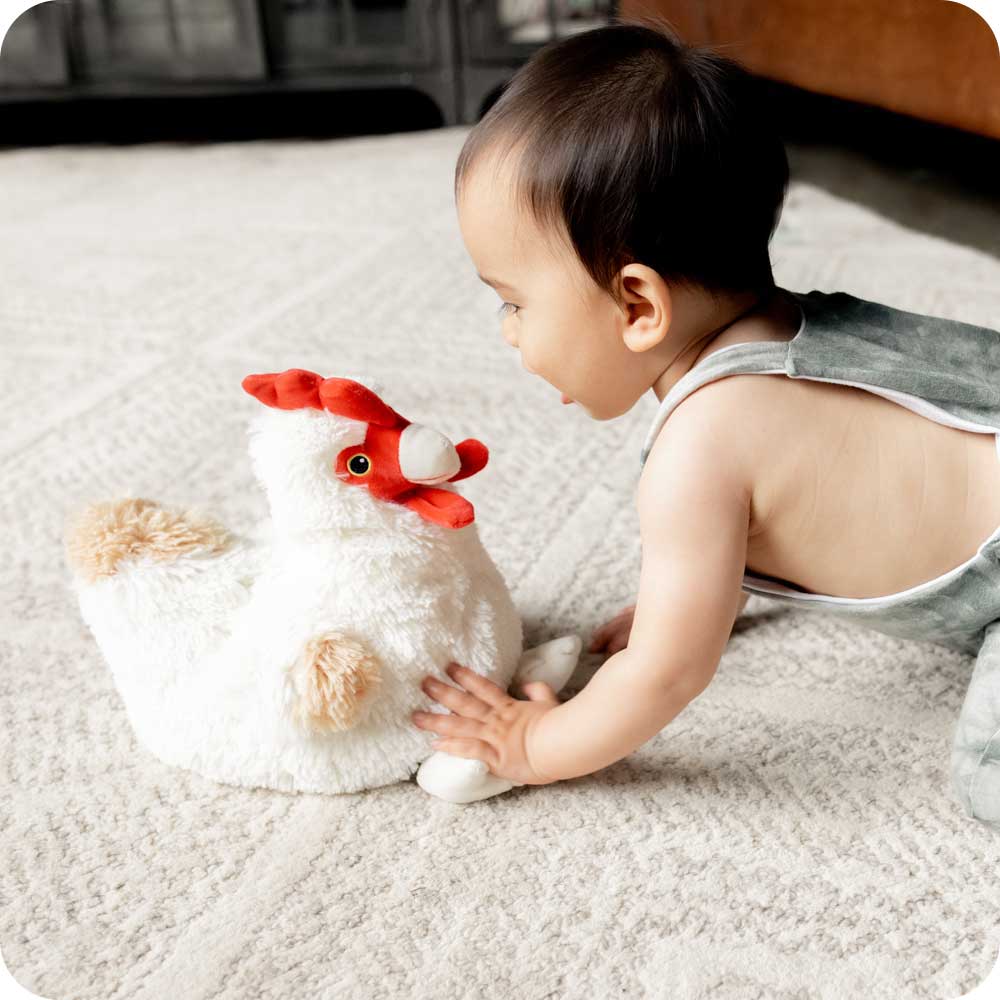 chicken warmie being played with by a baby on a cream rug