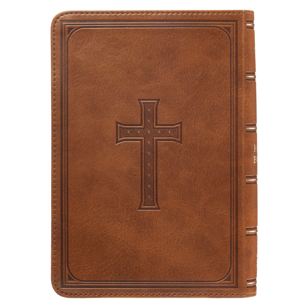 KJV Saddle Tan Embossed Compact Bible on a white background