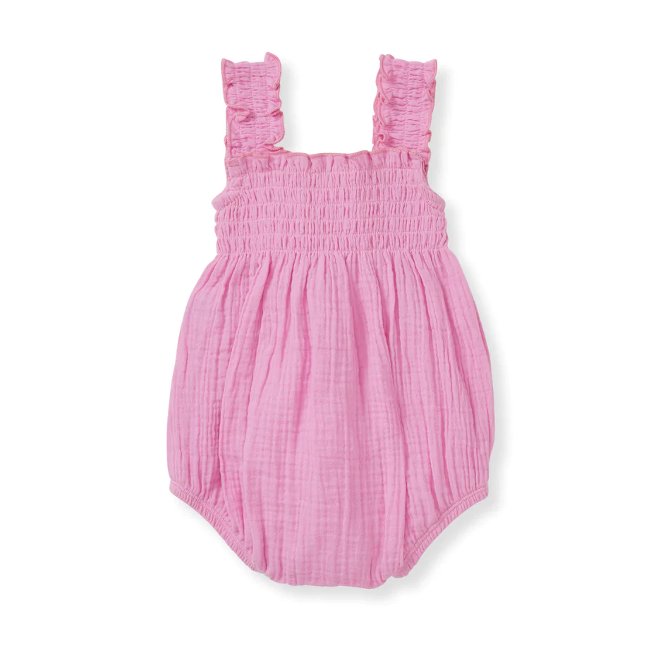 Muslin Smocked Bubble Romper - Pink Mauve on a white background bee