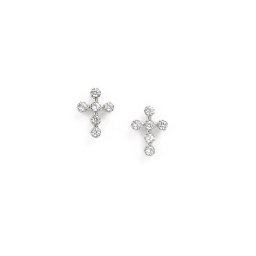 silver crystal cross earring on a white background