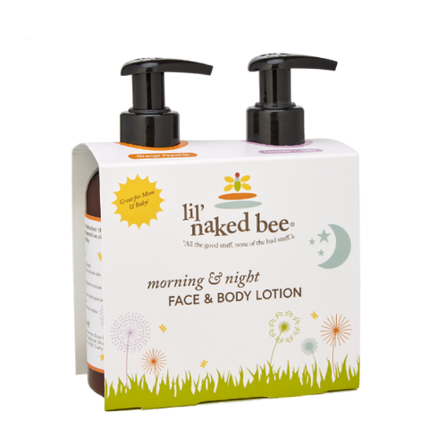 lil' naked bee morning and night face and body lotion on a white background