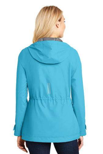 rain jacket being modeled on a white background