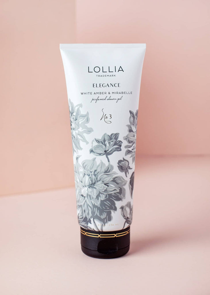 lollia elegance shower gel on a pink background